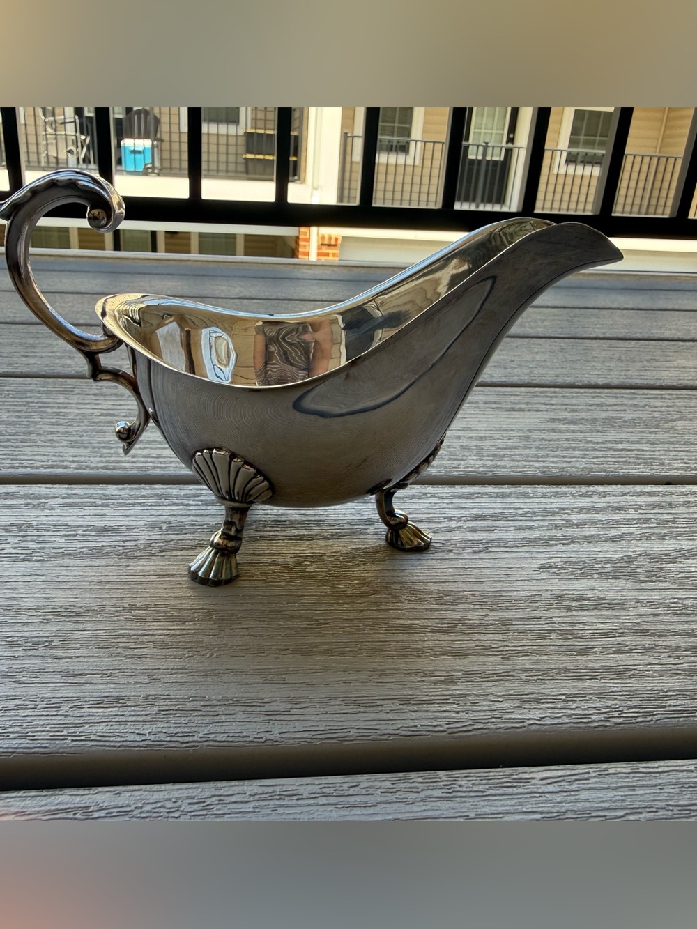 Vintage Silver Plate Gravy Boat with Ornate Handle & Shell Feet